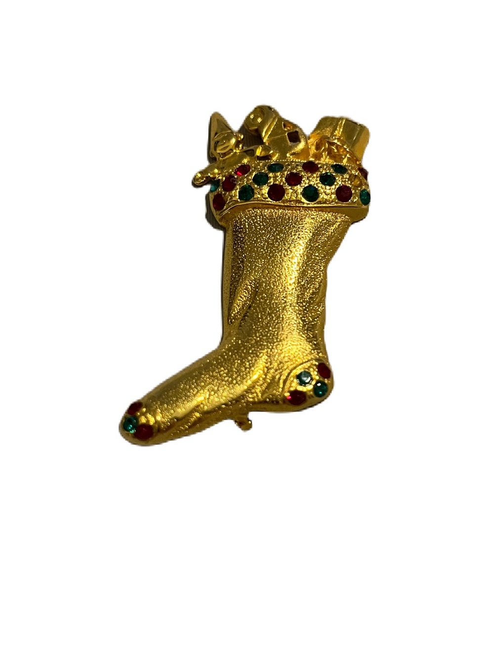 Vintage Gold Stocking Brooch with Red & Green Accents